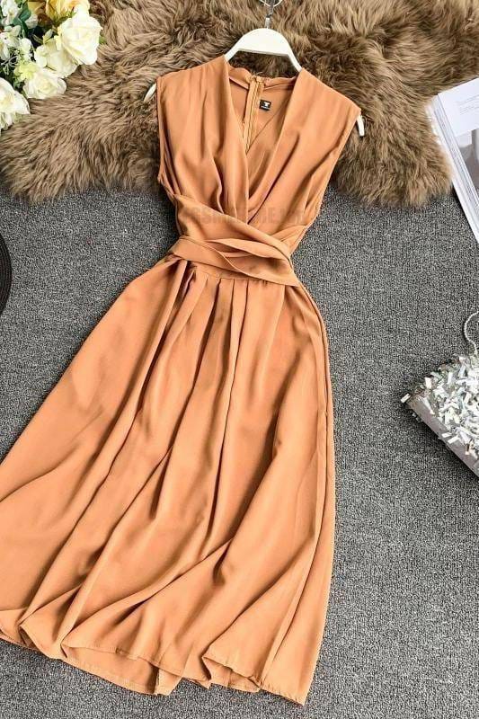 Fit And Flare Sleeveless Cross Drawstring Dress For Work DRESSES FOR WORK color: Black|Burgundy|Green|Khaki|Light blue|Pink|Yellow