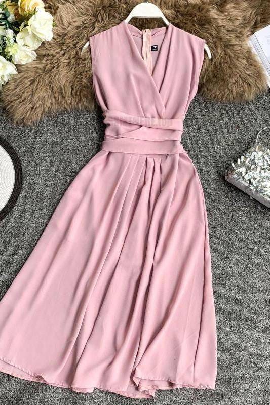 Fit And Flare Sleeveless Cross Drawstring Dress For Work DRESSES FOR WORK color: Black|Burgundy|Green|Khaki|Light blue|Pink|Yellow