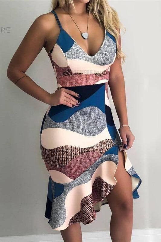 Sexy Summer Trumpet Patchwork V-Neck Print Asymmetrical Hem Dress SEXY SUMMER DRESSESES color: Multi