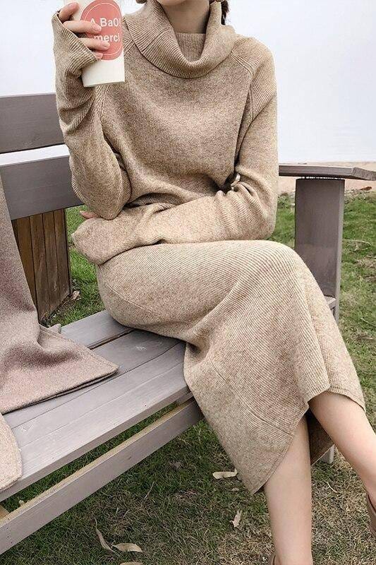 Thumb Hole Autumn Winter Turtleneck Long Sweater Dress THUMB HOLE DRESSES color: Beige|Black|Brown|Dark Grey|Khaki|White