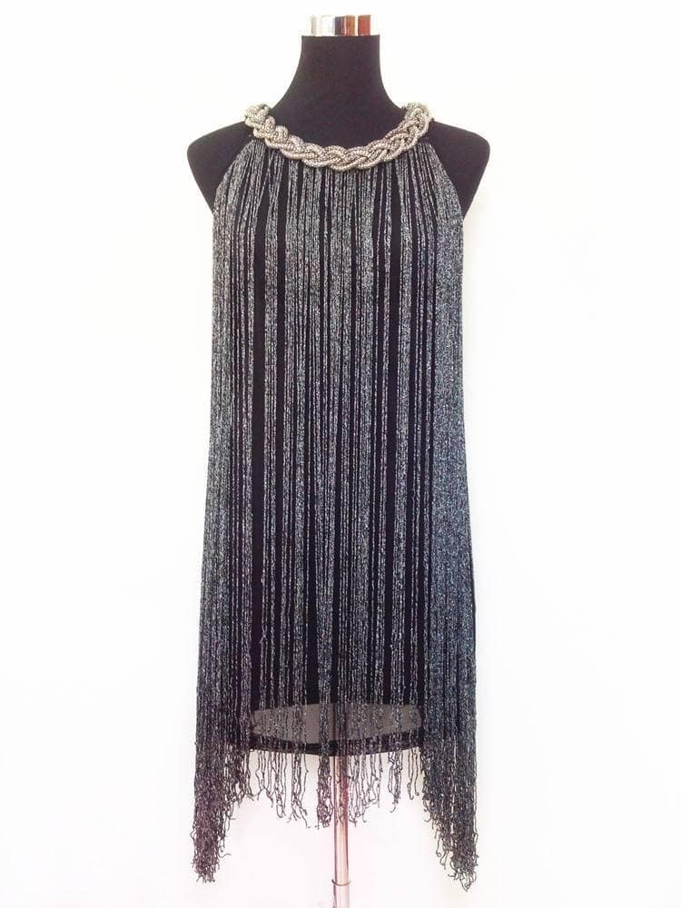 Flapper Metal Chain Halter Fringe Dress FLAPPER DRESSES color: beige with black|blue with black|fushia with black|pure black|pure blue|pure red|pure white|red with black|silver with black|white with black