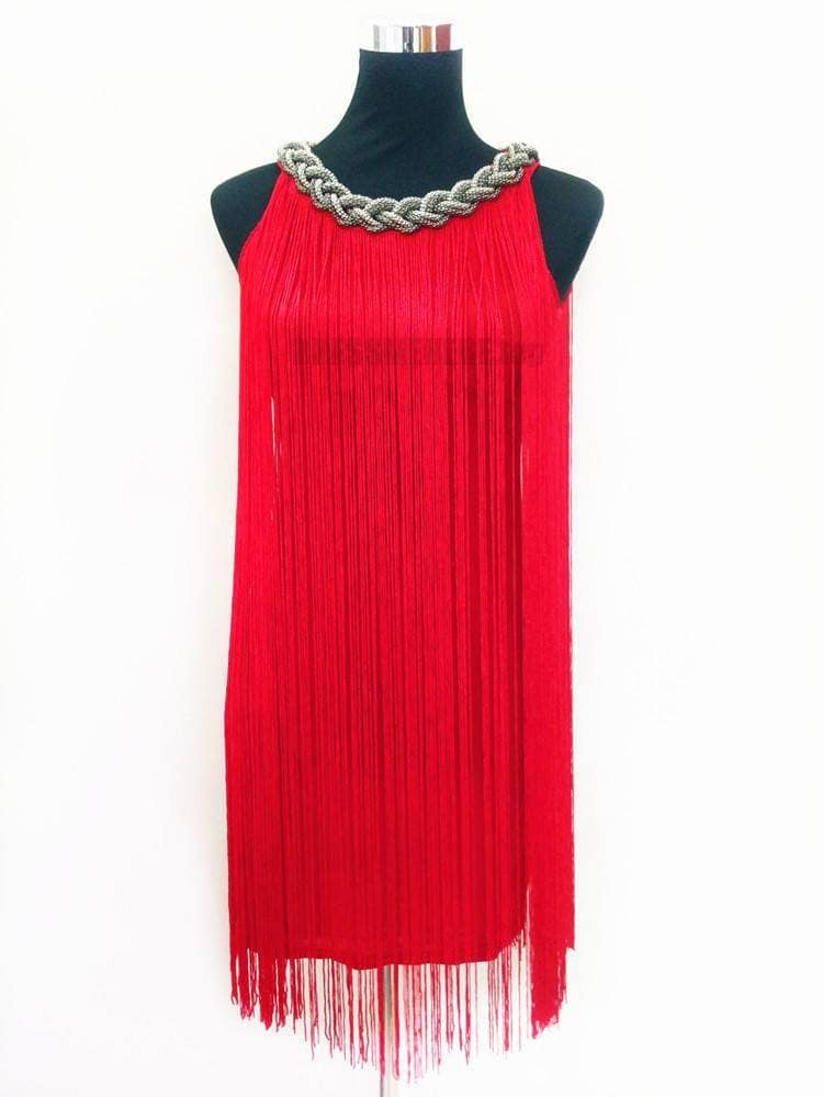 Flapper Metal Chain Halter Fringe Dress FLAPPER DRESSES color: beige with black|blue with black|fushia with black|pure black|pure blue|pure red|pure white|red with black|silver with black|white with black