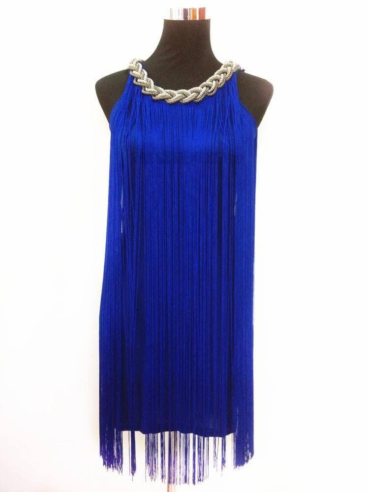 Flapper Metal Chain Halter Fringe Dress FLAPPER DRESSES color: beige with black|blue with black|fushia with black|pure black|pure blue|pure red|pure white|red with black|silver with black|white with black