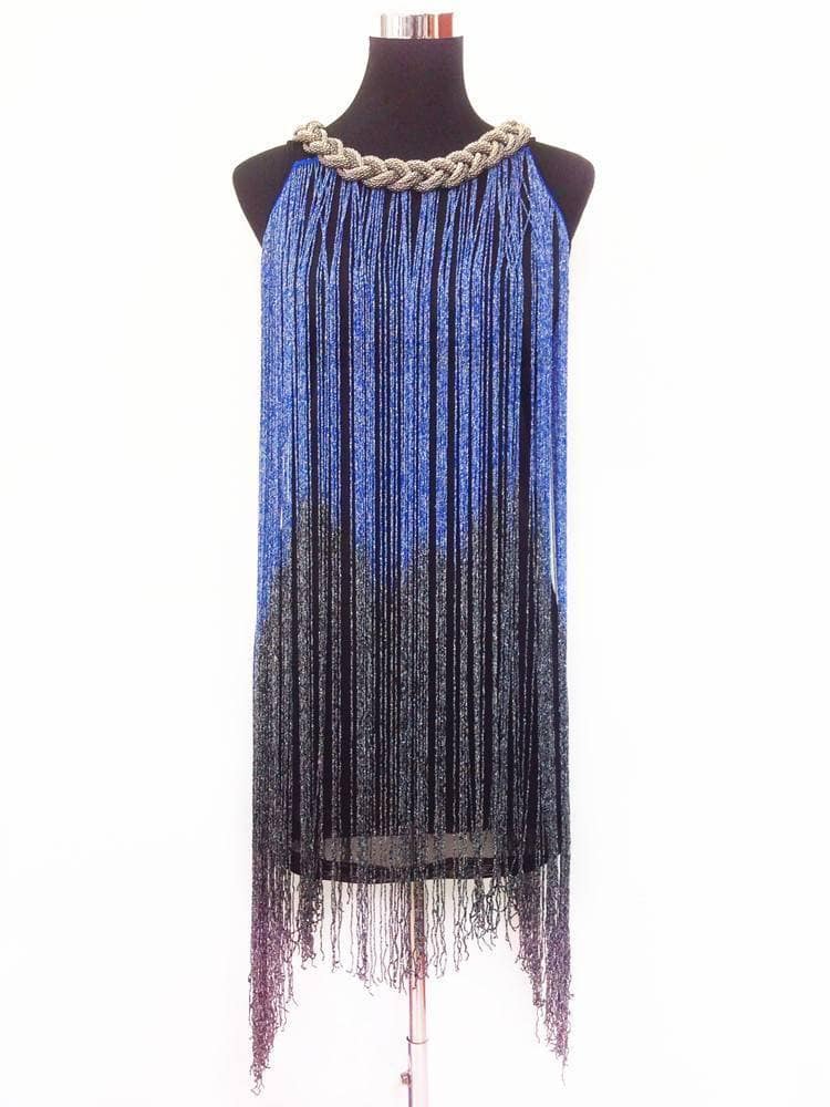 Flapper Metal Chain Halter Fringe Dress FLAPPER DRESSES color: beige with black|blue with black|fushia with black|pure black|pure blue|pure red|pure white|red with black|silver with black|white with black