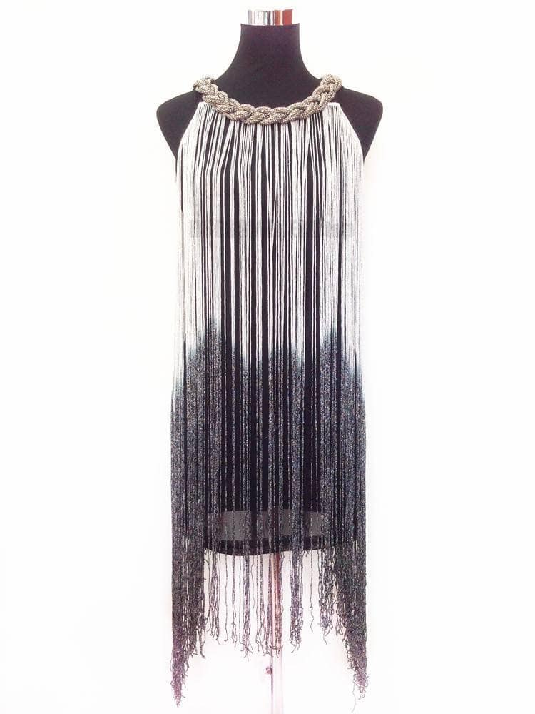 Flapper Metal Chain Halter Fringe Dress FLAPPER DRESSES color: beige with black|blue with black|fushia with black|pure black|pure blue|pure red|pure white|red with black|silver with black|white with black