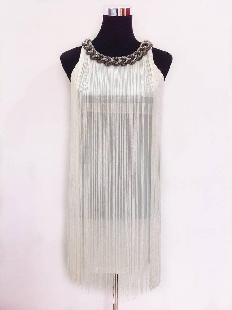 Flapper Metal Chain Halter Fringe Dress FLAPPER DRESSES color: beige with black|blue with black|fushia with black|pure black|pure blue|pure red|pure white|red with black|silver with black|white with black