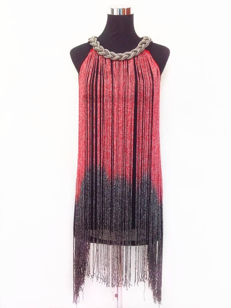 Flapper Metal Chain Halter Fringe Dress FLAPPER DRESSES color: beige with black|blue with black|fushia with black|pure black|pure blue|pure red|pure white|red with black|silver with black|white with black