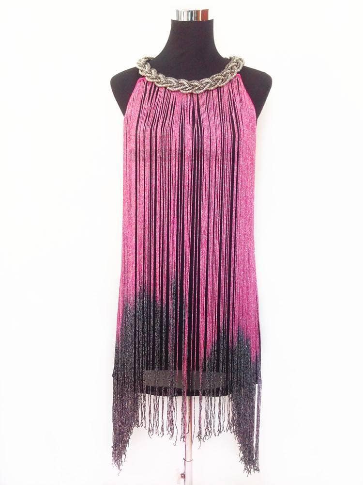 Flapper Metal Chain Halter Fringe Dress FLAPPER DRESSES color: beige with black|blue with black|fushia with black|pure black|pure blue|pure red|pure white|red with black|silver with black|white with black