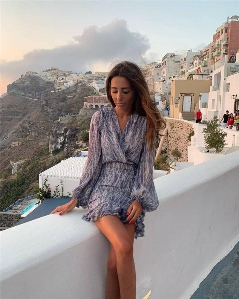 snakeskin print ruffle dress lantern sleeve v neck sexy dresses spring autumn: Blue|Brown|Pink