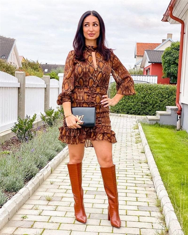snakeskin print ruffle dress lantern sleeve v neck sexy dresses spring autumn sukienka letnia za 2020 women vestido de mujer NEON COLOR DRESSES color: Blue|Brown|Pink