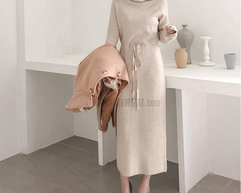 Thumb Hole Autumn Winter Turtleneck Long Sweater Dress THUMB HOLE DRESSES color: Beige|Black|Brown|Dark Grey|Khaki|White