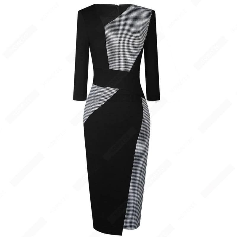 Patchwork Cotton Sheath Dress for Work DRESSES FOR WORK color: Apricot and black|apricot Lake blue|Blue and black|Blue long sleeve|Gray and Black|Red long sleeve|White and black|White and gray|White Houndstooth|White long sleeve