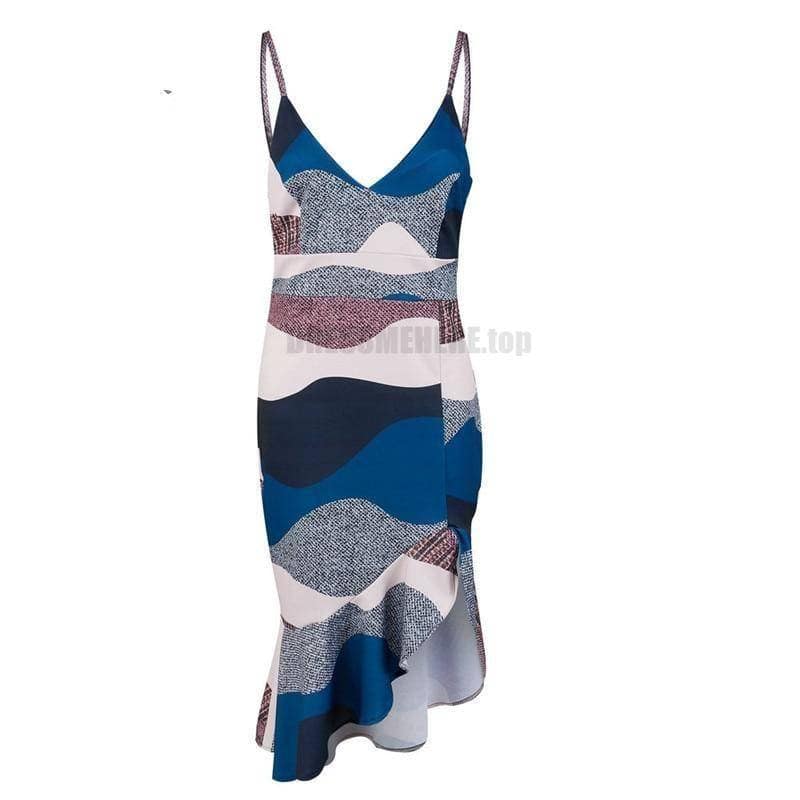 Sexy Summer Trumpet Patchwork V-Neck Print Asymmetrical Hem Dress SEXY SUMMER DRESSESES color: Multi