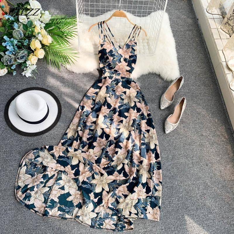Spaghetti Strap Summer Floral Print Long Dress SPAGHETTI STRAP SUMMER DRESSESES color: Black|Navy Blue|Pink|Red