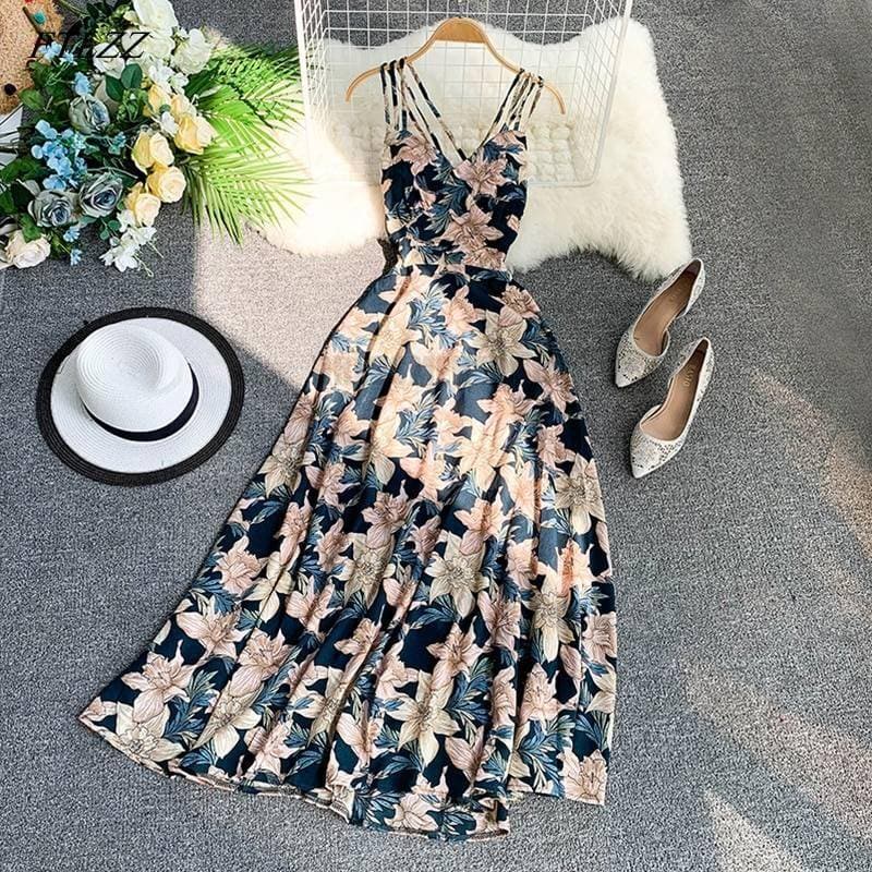 Spaghetti Strap Summer DressFloral Print Long Dress SPAGHETTI STRAP SUMMER DRESSESES color: Black|Navy Blue|Pink|Red