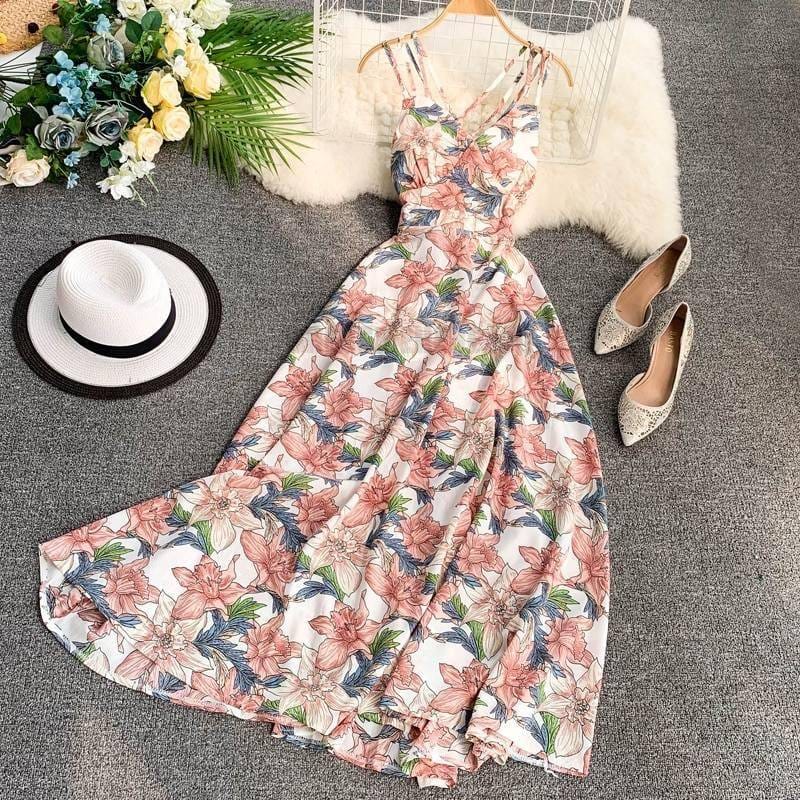 Spaghetti Strap Summer Floral Print Long Dress SPAGHETTI STRAP SUMMER DRESSESES color: Black|Navy Blue|Pink|Red
