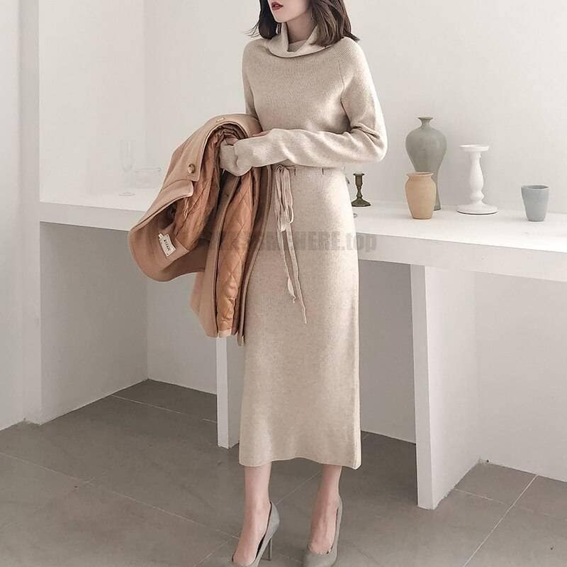 Thumb Hole Autumn Winter Turtleneck Long Sweater Dress THUMB HOLE DRESSES color: Beige|Black|Brown|Dark Grey|Khaki|White