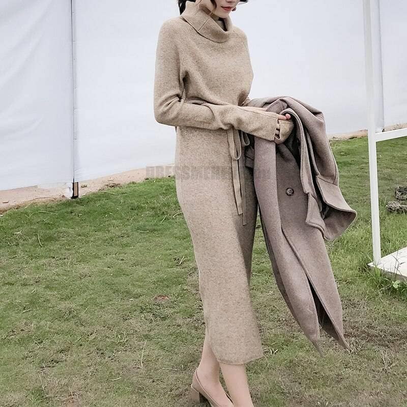 Thumb Hole Autumn Winter Turtleneck Long Sweater Dress THUMB HOLE DRESSES color: Beige|Black|Brown|Dark Grey|Khaki|White