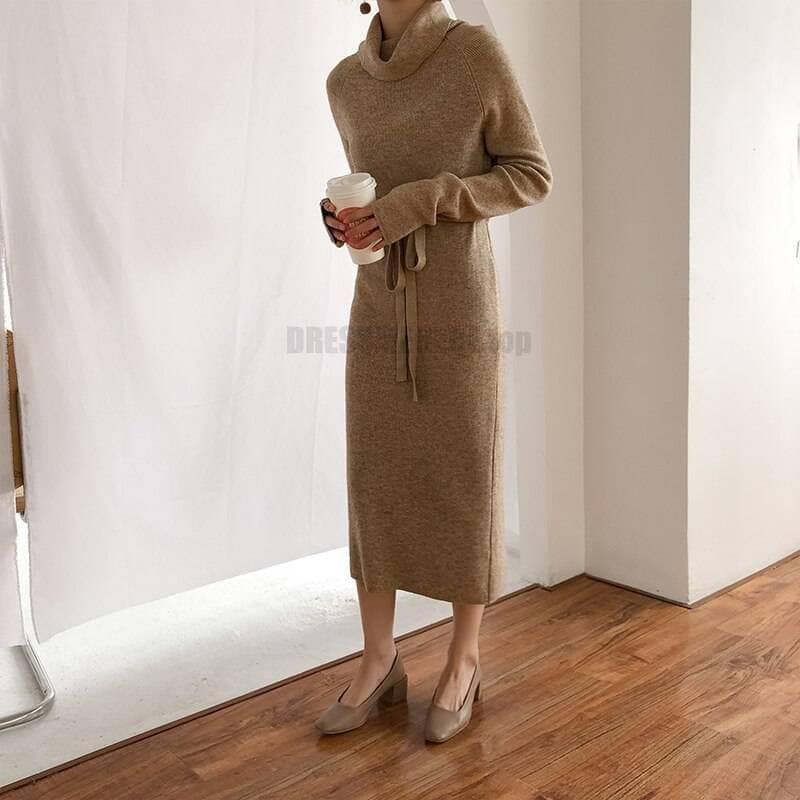 Thumb Hole Autumn Winter Turtleneck Long Sweater Dress THUMB HOLE DRESSES color: Beige|Black|Brown|Dark Grey|Khaki|White