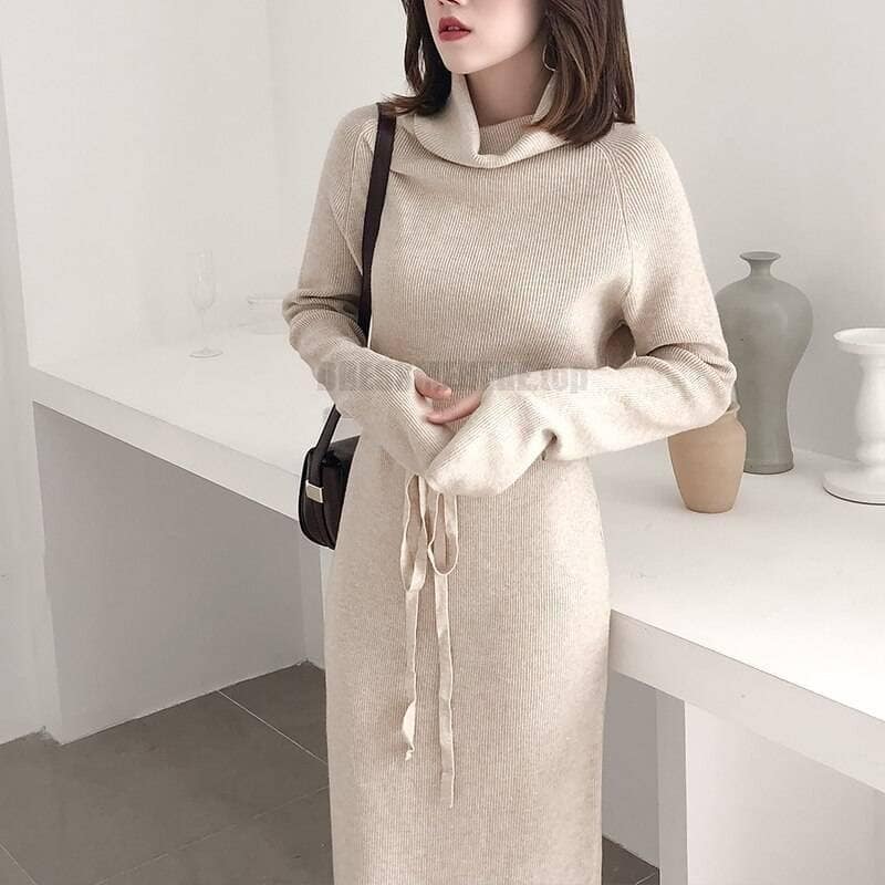 Thumb Hole Autumn Winter Turtleneck Long Sweater Dress THUMB HOLE DRESSES color: Beige|Black|Brown|Dark Grey|Khaki|White