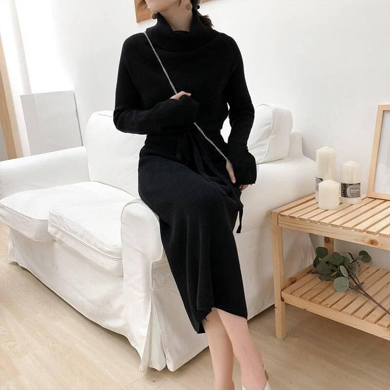 Thumb Hole Autumn Winter Turtleneck Long Sweater Dress THUMB HOLE DRESSES color: Beige|Black|Brown|Dark Grey|Khaki|White