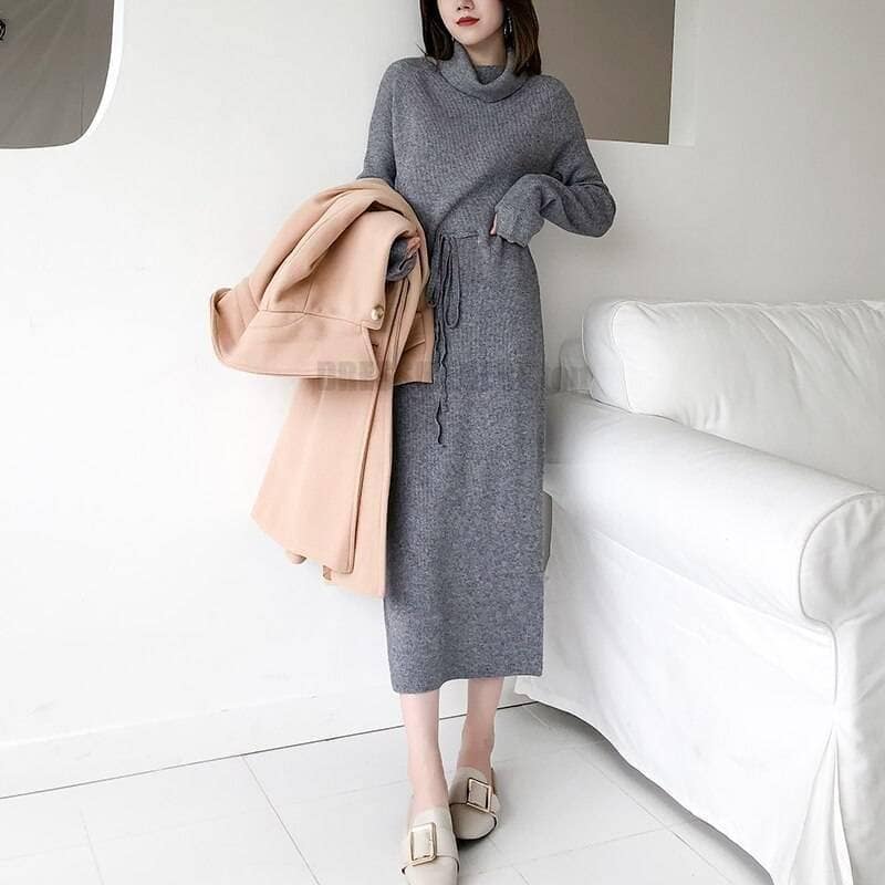 Thumb Hole Autumn Winter Turtleneck Long Sweater Dress THUMB HOLE DRESSES color: Beige|Black|Brown|Dark Grey|Khaki|White