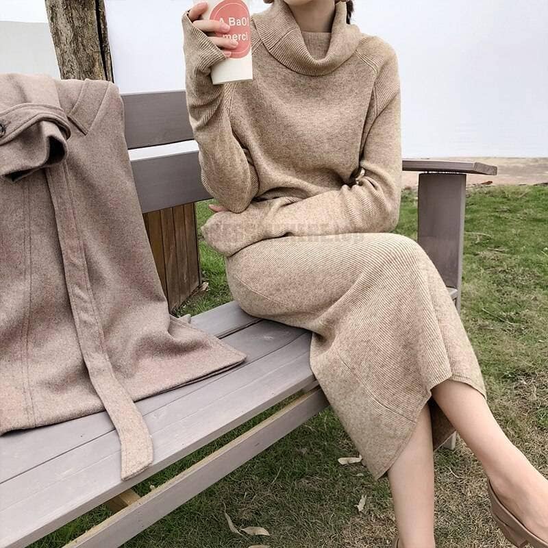 Thumb Hole Autumn Winter Turtleneck Long Sweater Dress THUMB HOLE DRESSES color: Beige|Black|Brown|Dark Grey|Khaki|White