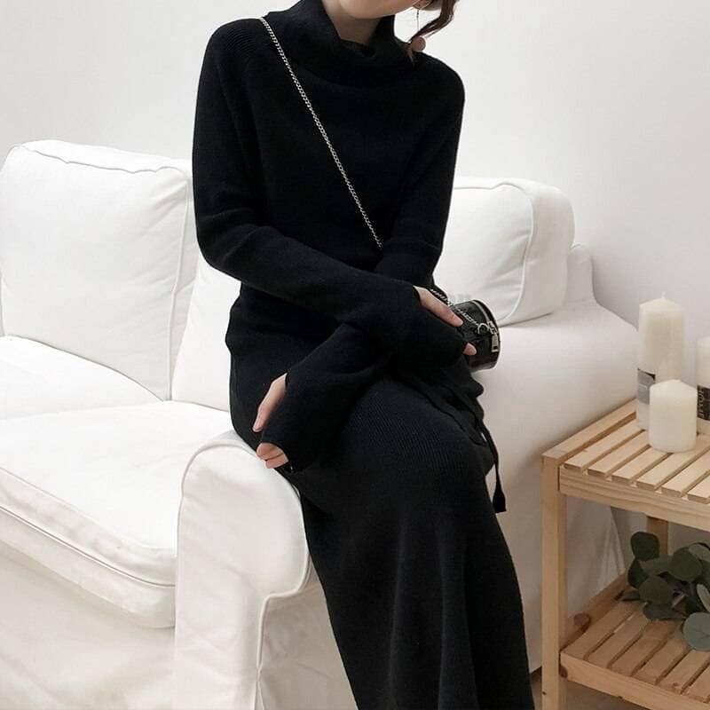 Thumb Hole Autumn Winter Turtleneck Long Sweater Dress THUMB HOLE DRESSES color: Beige|Black|Brown|Dark Grey|Khaki|White