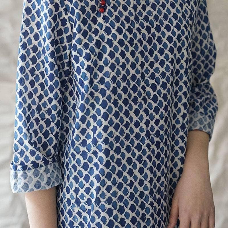 Buckle Retro Stand Plate Floral Print Dress BUCKLE DRESSES color: Blue