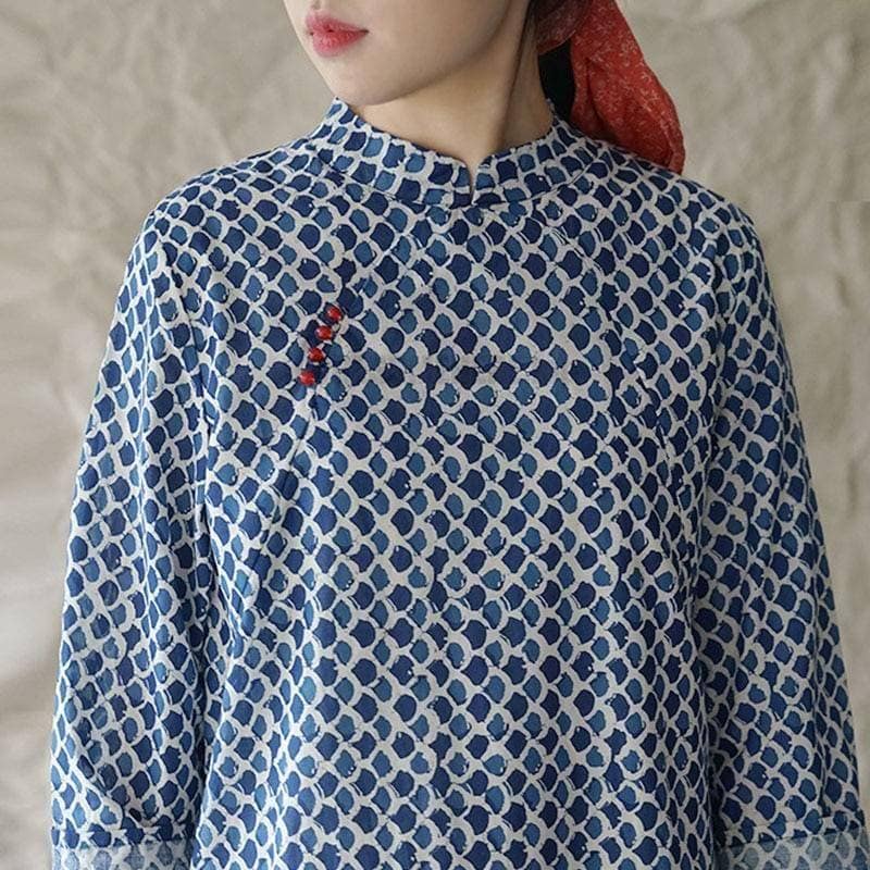 Buckle Retro Stand Plate Floral Print Dress BUCKLE DRESSES color: Blue