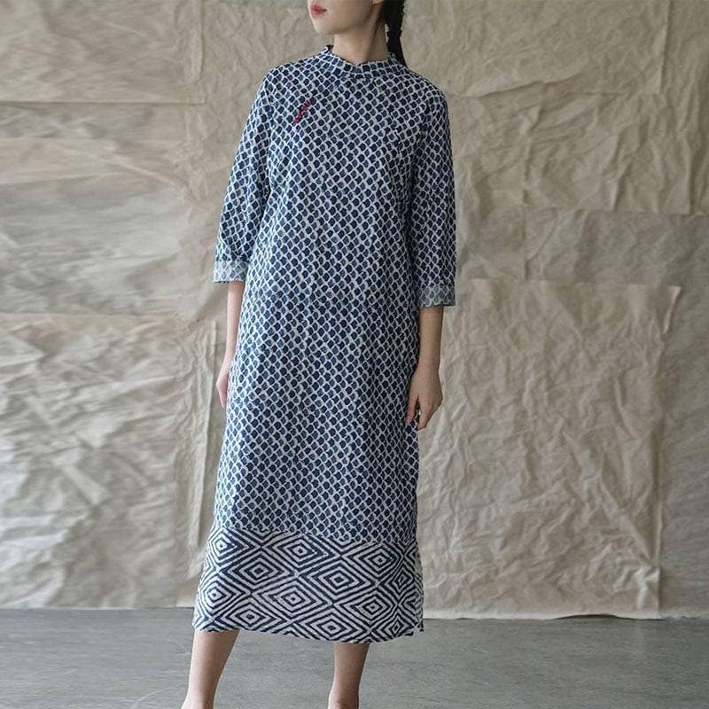 Buckle Retro Stand Plate Floral Print Dress BUCKLE DRESSES color: Blue
