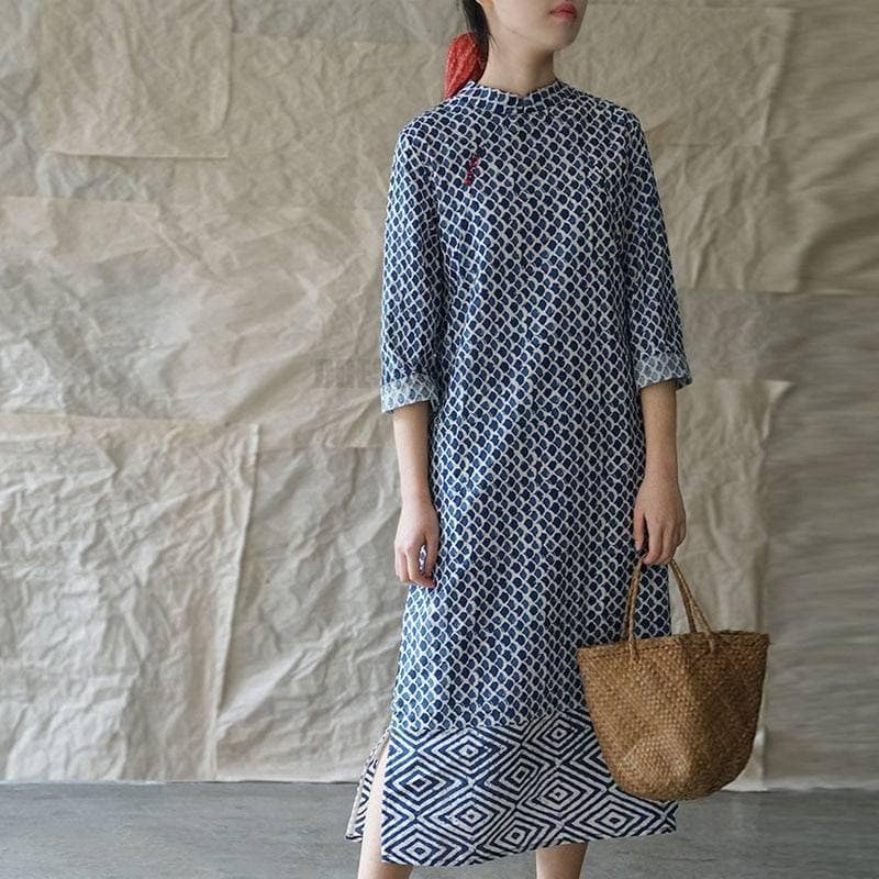 Buckle Retro Stand Plate Floral Print Dress BUCKLE DRESSES color: Blue