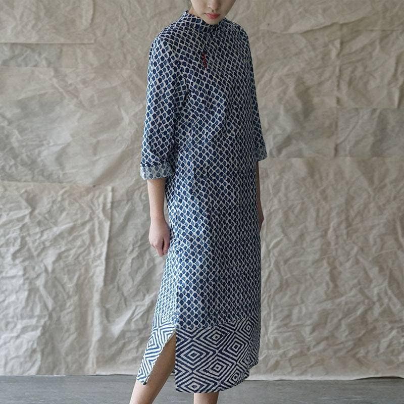 Buckle Retro Stand Plate Floral Print Dress BUCKLE DRESSES color: Blue