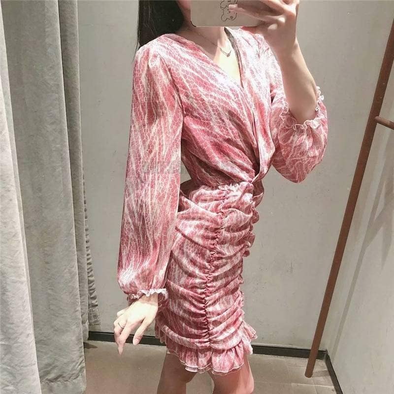 snakeskin print ruffle dress lantern sleeve v neck sexy dresses spring autumn sukienka letnia za 2020 women vestido de mujer NEON COLOR DRESSES color: Blue|Brown|Pink