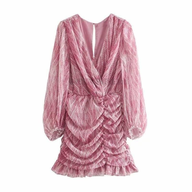 snakeskin print ruffle dress lantern sleeve v neck sexy dresses spring autumn sukienka letnia za 2020 women vestido de mujer NEON COLOR DRESSES color: Blue|Brown|Pink