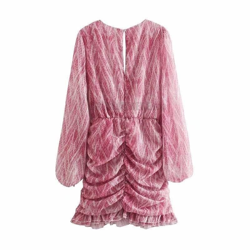 snakeskin print ruffle dress lantern sleeve v neck sexy dresses spring autumn sukienka letnia za 2020 women vestido de mujer NEON COLOR DRESSES color: Blue|Brown|Pink