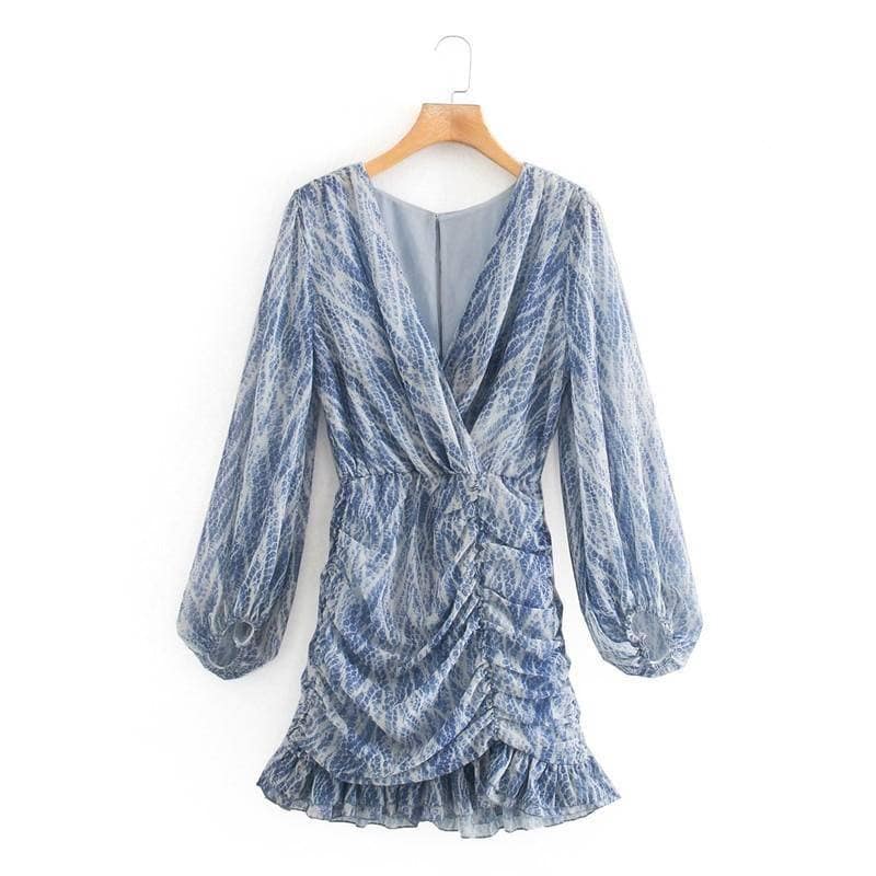 snakeskin print ruffle dress lantern sleeve v neck sexy dresses spring autumn sukienka letnia za 2020 women vestido de mujer NEON COLOR DRESSES color: Blue|Brown|Pink