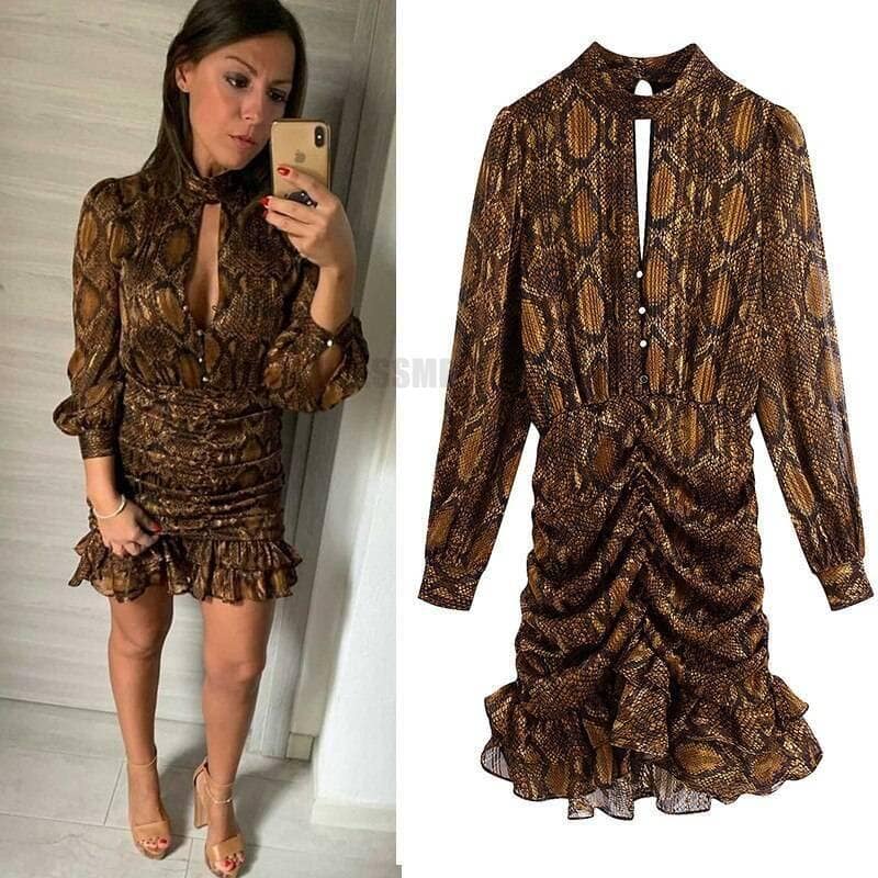 snakeskin print ruffle dress lantern sleeve v neck sexy dresses spring autumn sukienka letnia za 2020 women vestido de mujer NEON COLOR DRESSES color: Blue|Brown|Pink