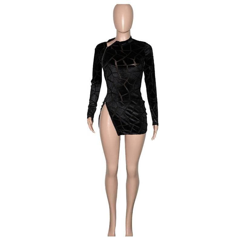 Beyprern New Chic Zipped Mini Dress(Royal Blue) Womens Long Sleeve Side Slit Skinny Velvet Short Party Dress Birthday Outfits LONG SLEEVE ZIP UP DRESSES color: Black|Blue|Pink