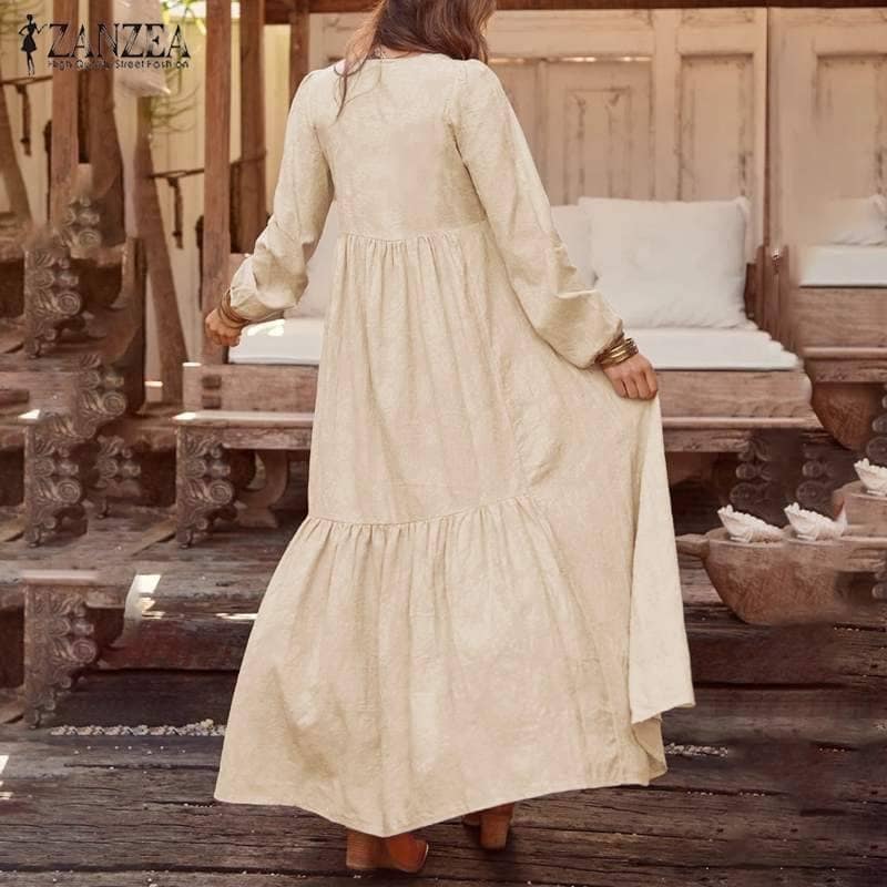 Bohemian Shirt Dress Women’s Maxi Sundress ZANZEA 2021 Spring Elegant Casual V Neck Ruflle Vestido Female Long Sleeve Tunic Robe PLUS SIZE BOHO MAXI DRESSES color: A Beige|A Black|A Wine Red|B Blue|B Wine Red|B Yellow|C Black|C White|C Yellow