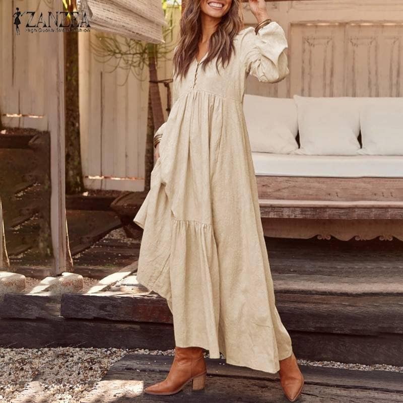 Bohemian Shirt Dress Women’s Maxi Sundress ZANZEA 2021 Spring Elegant Casual V Neck Ruflle Vestido Female Long Sleeve Tunic Robe PLUS SIZE BOHO MAXI DRESSES color: A Beige|A Black|A Wine Red|B Blue|B Wine Red|B Yellow|C Black|C White|C Yellow