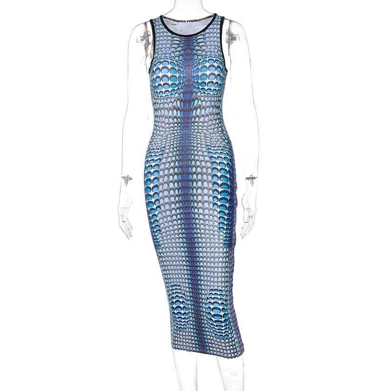 Chicology 2021 Women Summer Dress Snake Tie Dye 3D Print Sleeveless Midi Round Neck Y2K Bodycon Elegant Dresses BLUE SNAKESKIN DRESSES color: Blue