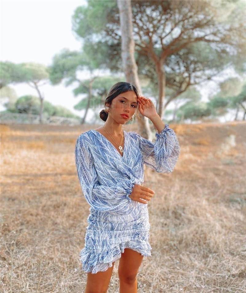 snakeskin print ruffle dress lantern sleeve v neck sexy dresses spring autumn sukienka letnia za 2020 women vestido de mujer NEON COLOR DRESSES color: Blue|Brown|Pink
