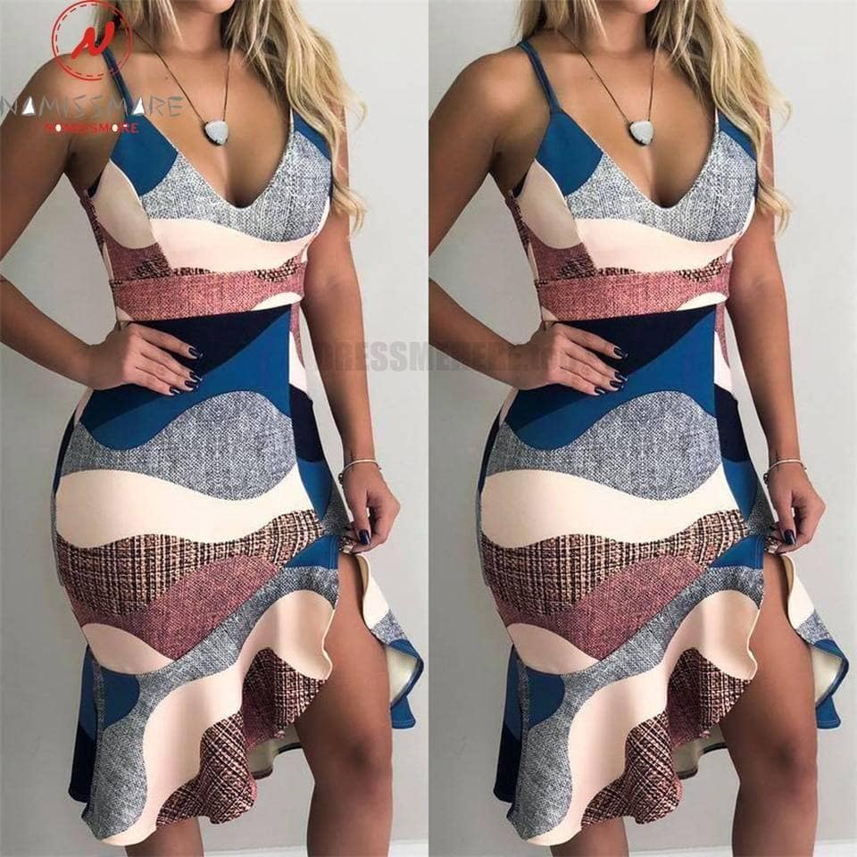 Sexy Summer Dress Trumpet Patchwork V-Neck Print Asymmetrical Hem Dress SEXY SUMMER DRESSESES color: Multi